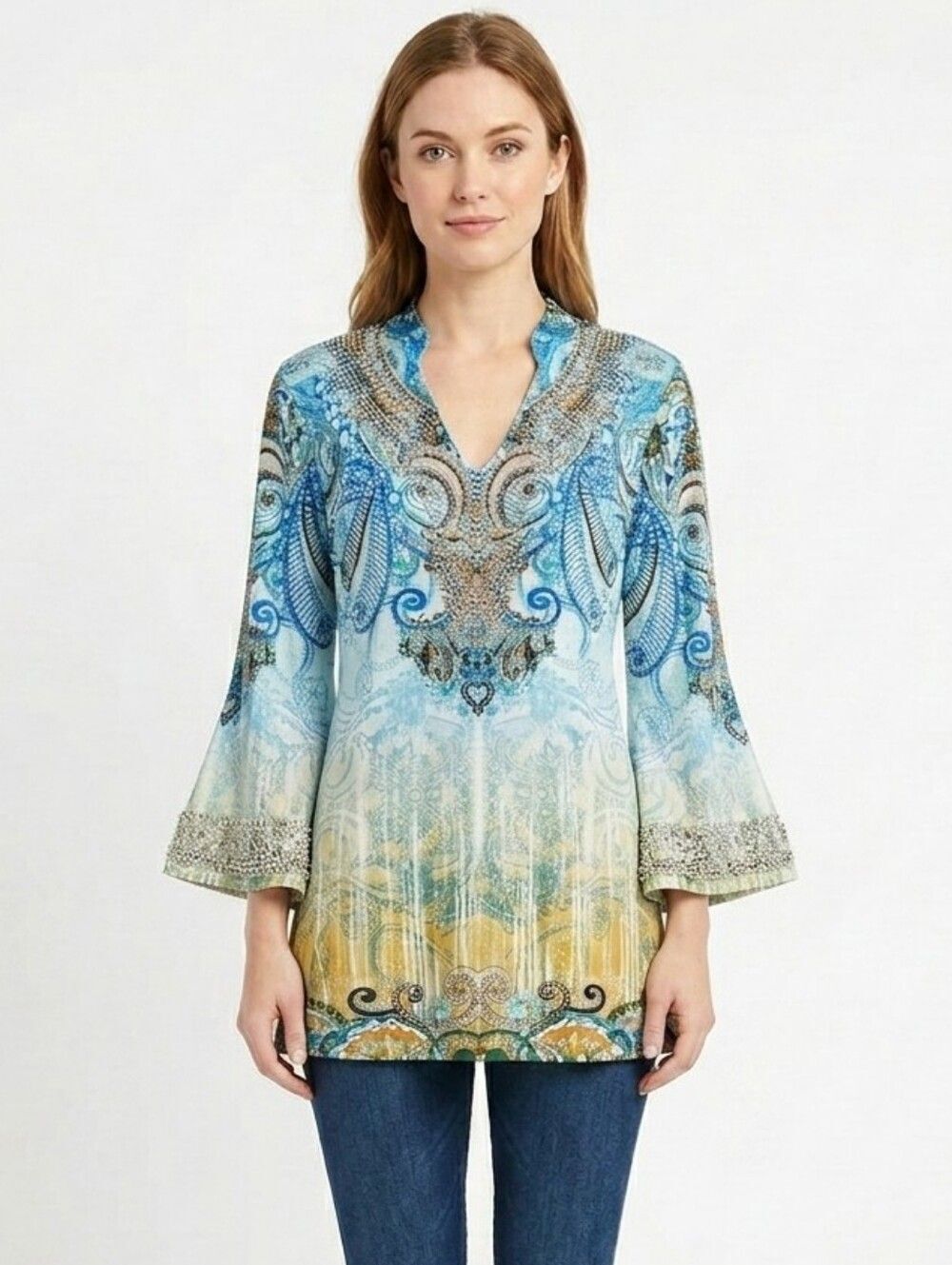 V Cristina Paisley Tunic Top Medium Blue Orange Embellished Elbow Bell Sleeve